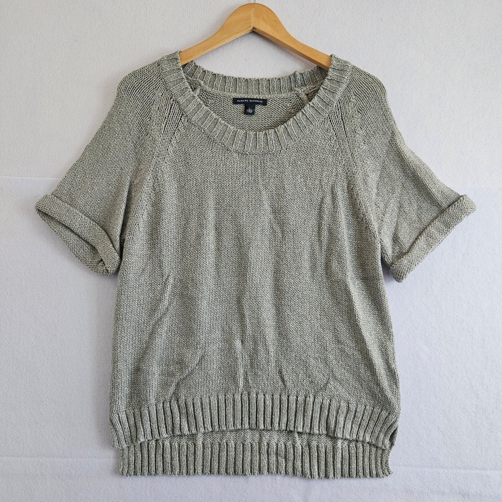 Banana Republic Metallic Silver Short Sleeve Sweater Merino‎ Wool Blend Large